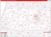 Kalamazoo-Portage Metro Area Wall Map Red Line Style